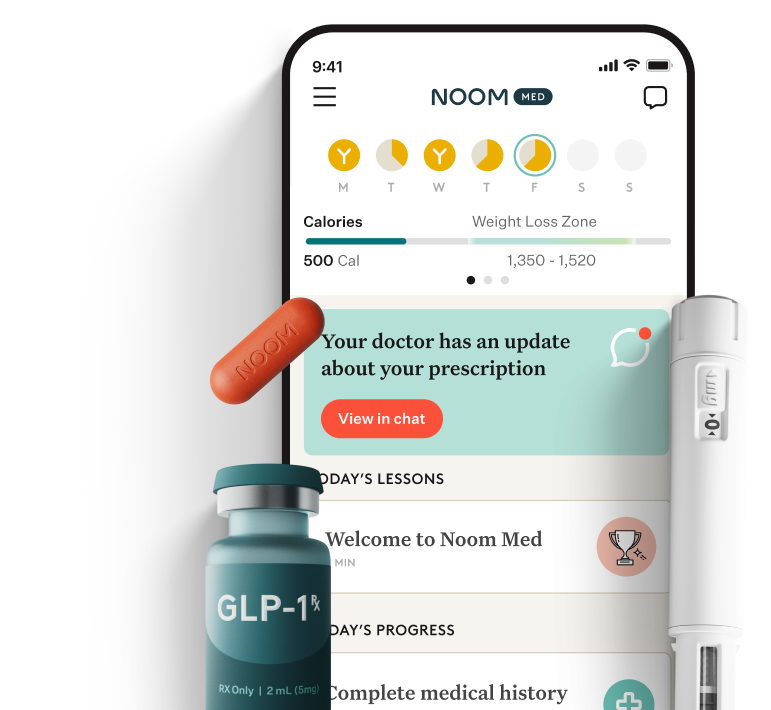 The Noom Med app showing a prescription update and daily lessons, beside a GLP-1 medication vial and injector pen.