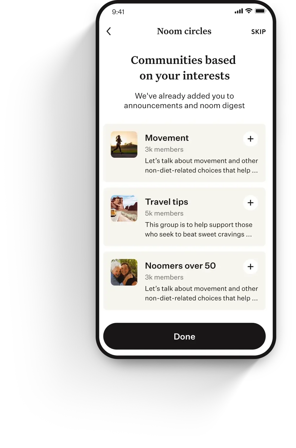 Noom app showing community circles