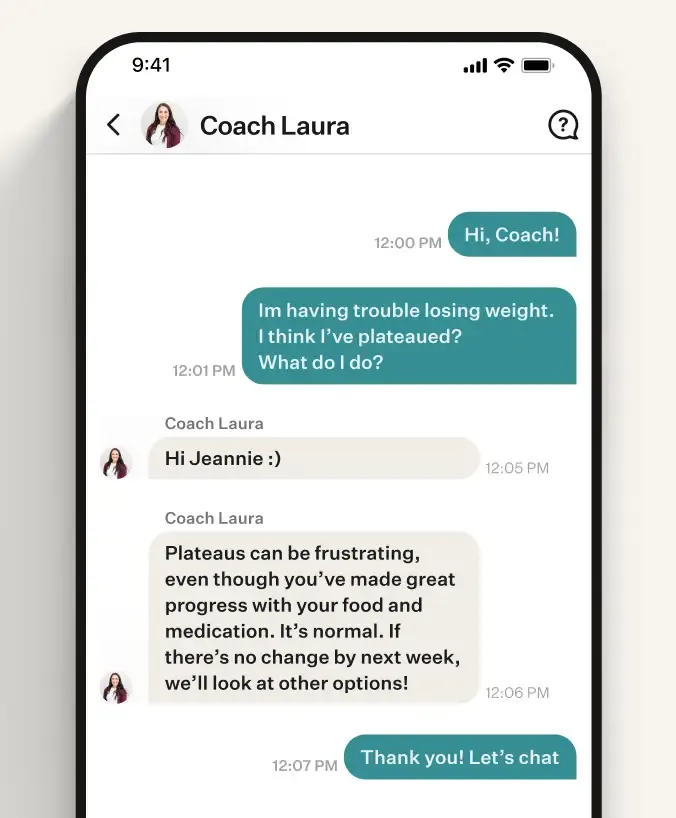 Ask your 1_1 coach anything Noom app showing coach and user texting.