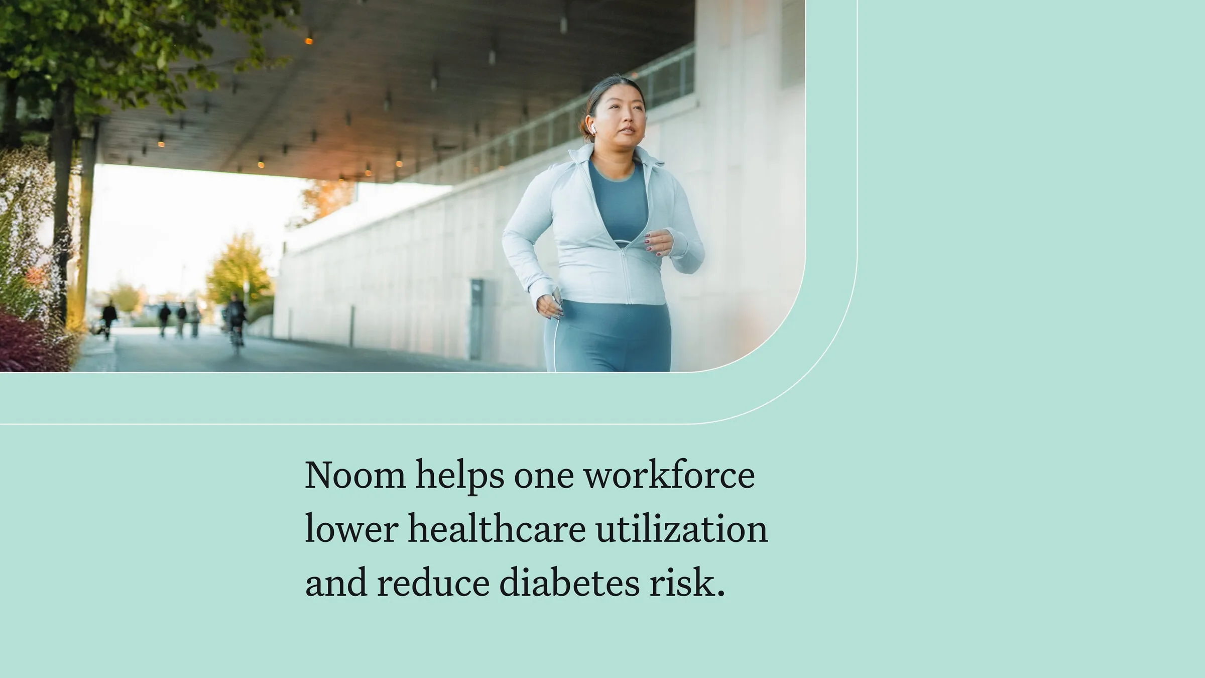 Keeping active outdoors, a woman jogs under a modern overpass, promoting health and wellness with a focus on weight loss and diabetes prevention through Noom.