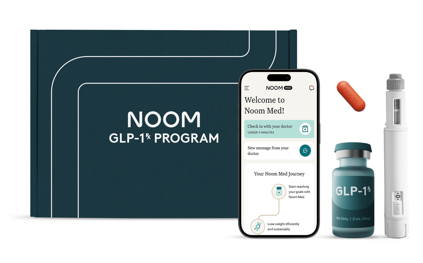 Noom GLP-1 program kit with app and medication visuals.
